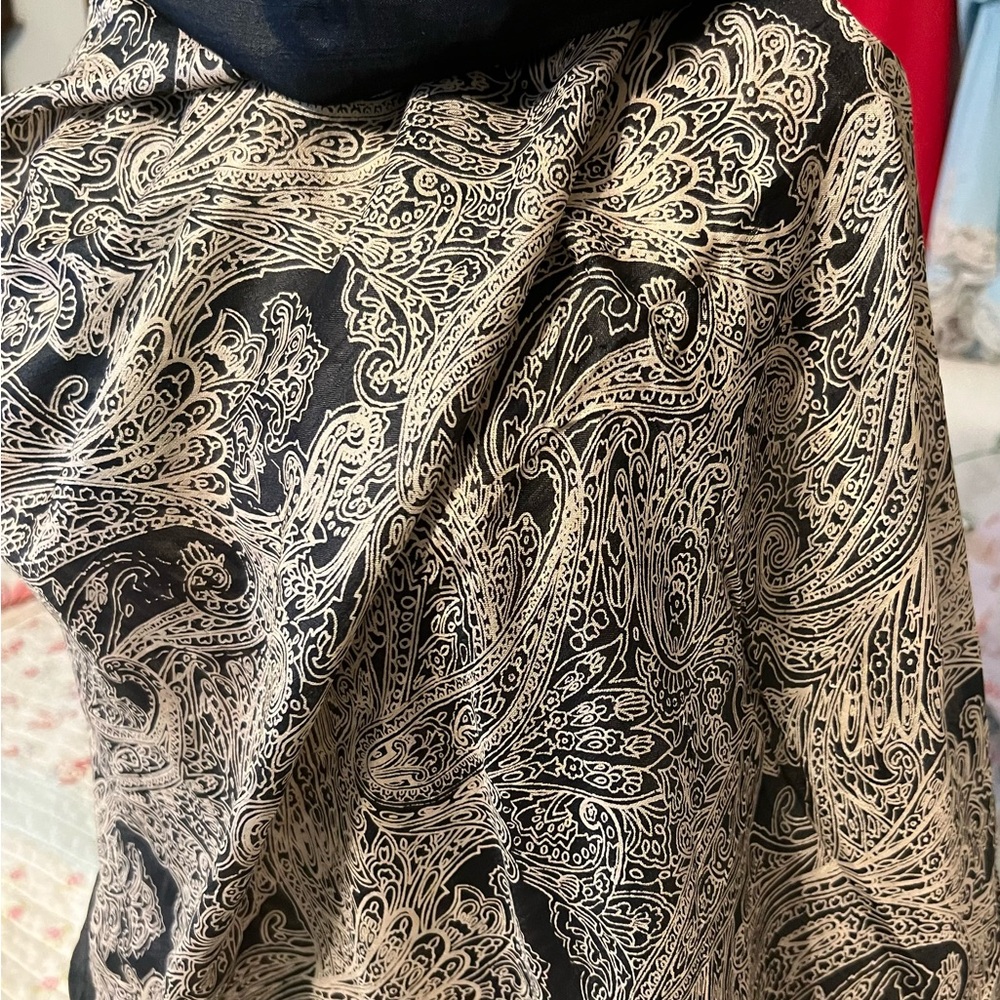 Vintage Black and Cream Paisley Silk Scarf